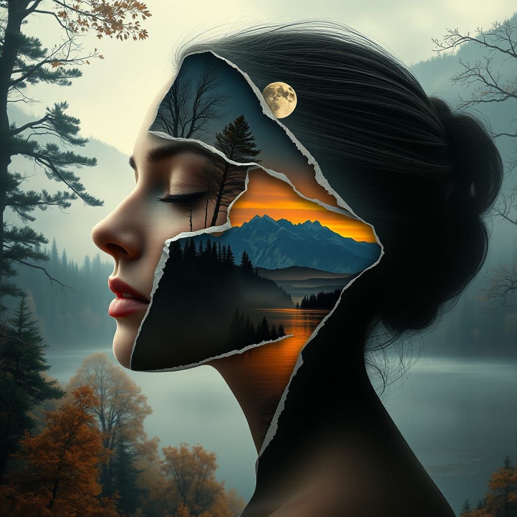 Surreal Portrait of a Woman in a Misty Forest Landscape with...