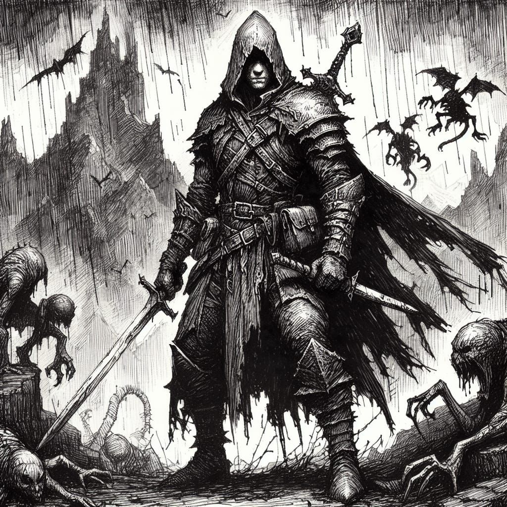 Hooded Warrior in Grim Battlefield, Pen and Ink Sketch