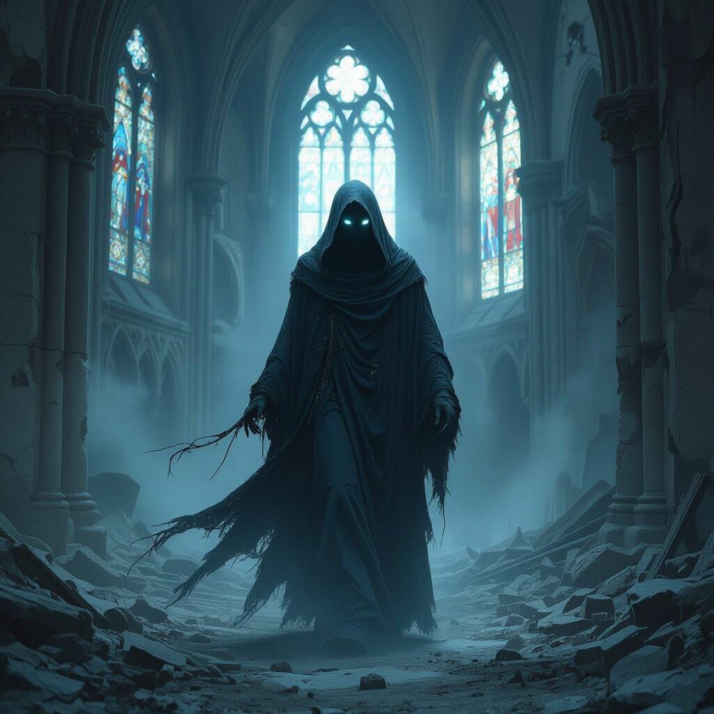 Ethereal Spectral Figure in Ruined Cathedral