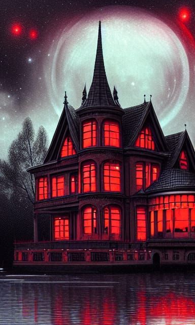 Gothic Haunted House Reflected in Lake Under Galaxy