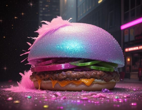 Glitter Fluff Creature with Discarded Hamburger, Surreal Dig...