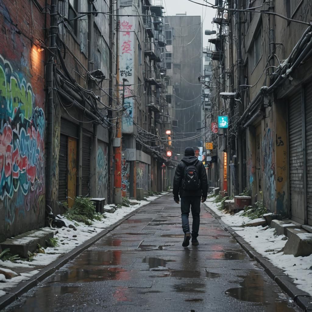 Grungy Japan Alleyway in Hyperrealistic 3D Style