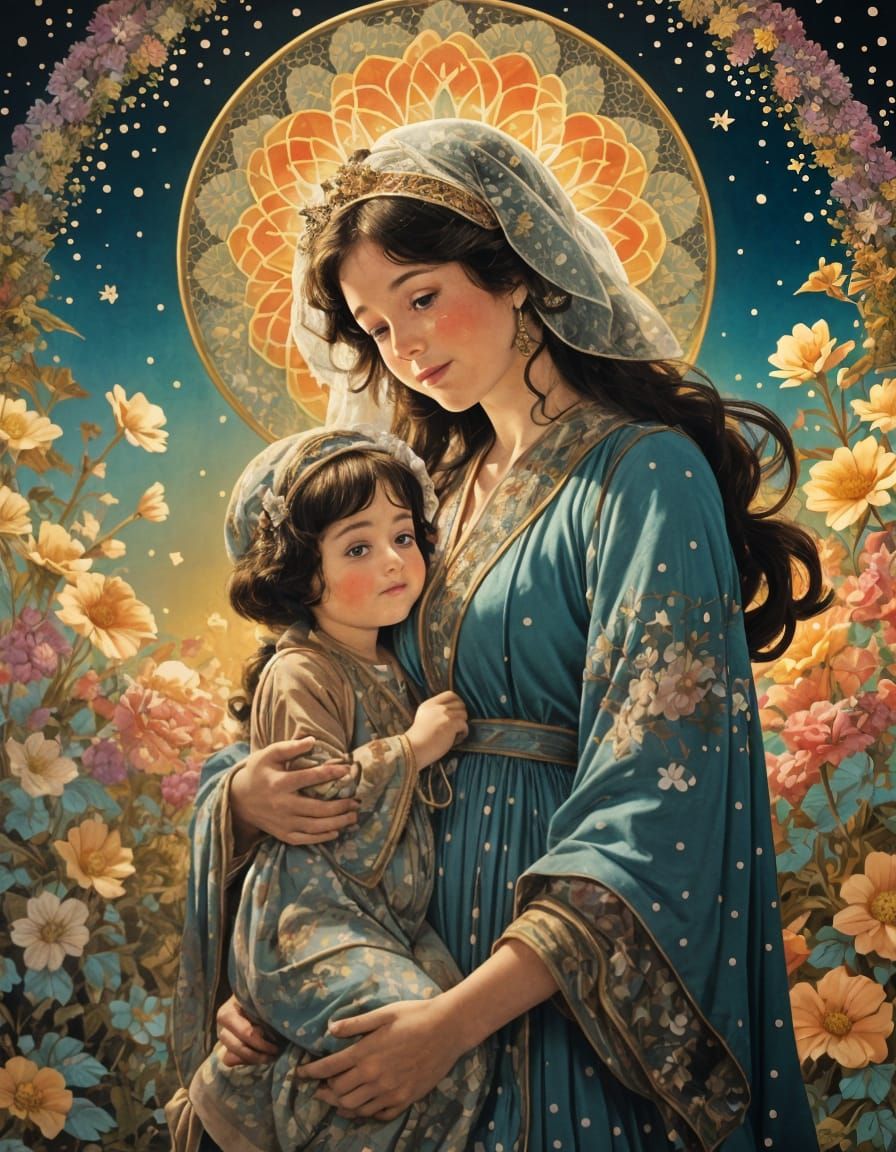 A mother holding a child.