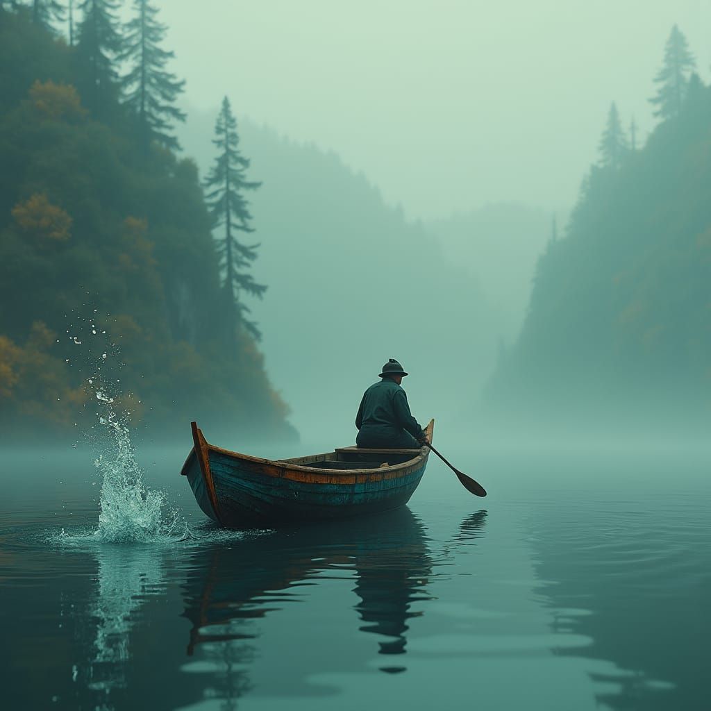 Fisherman on Misty Lake in Surrealist Style