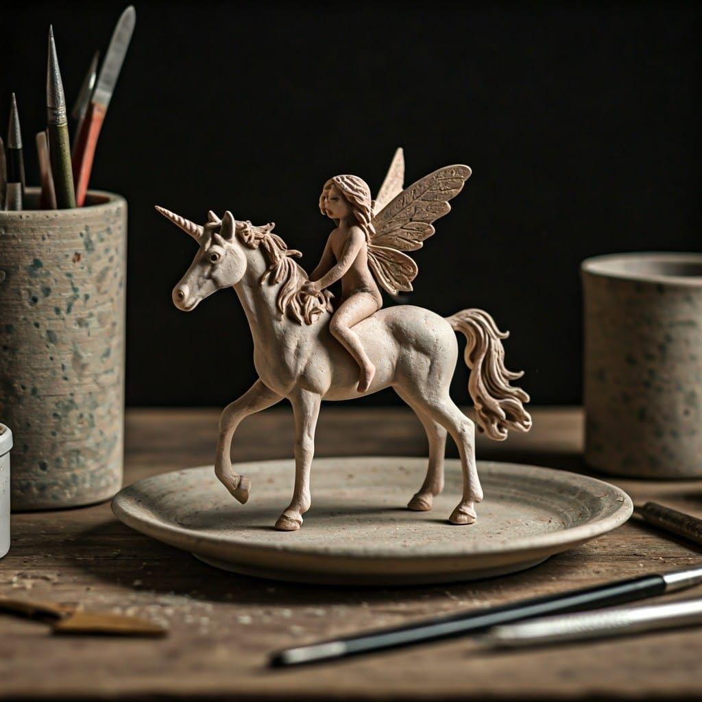 Ceramic Fairy on Worn Wooden Dish in Whimsical Studio Scene