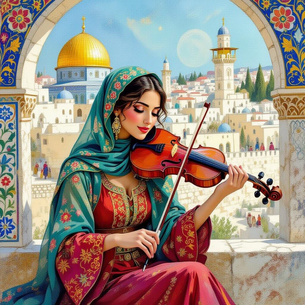 Woman with Violin in Jerusalem, Art Nouveau Style