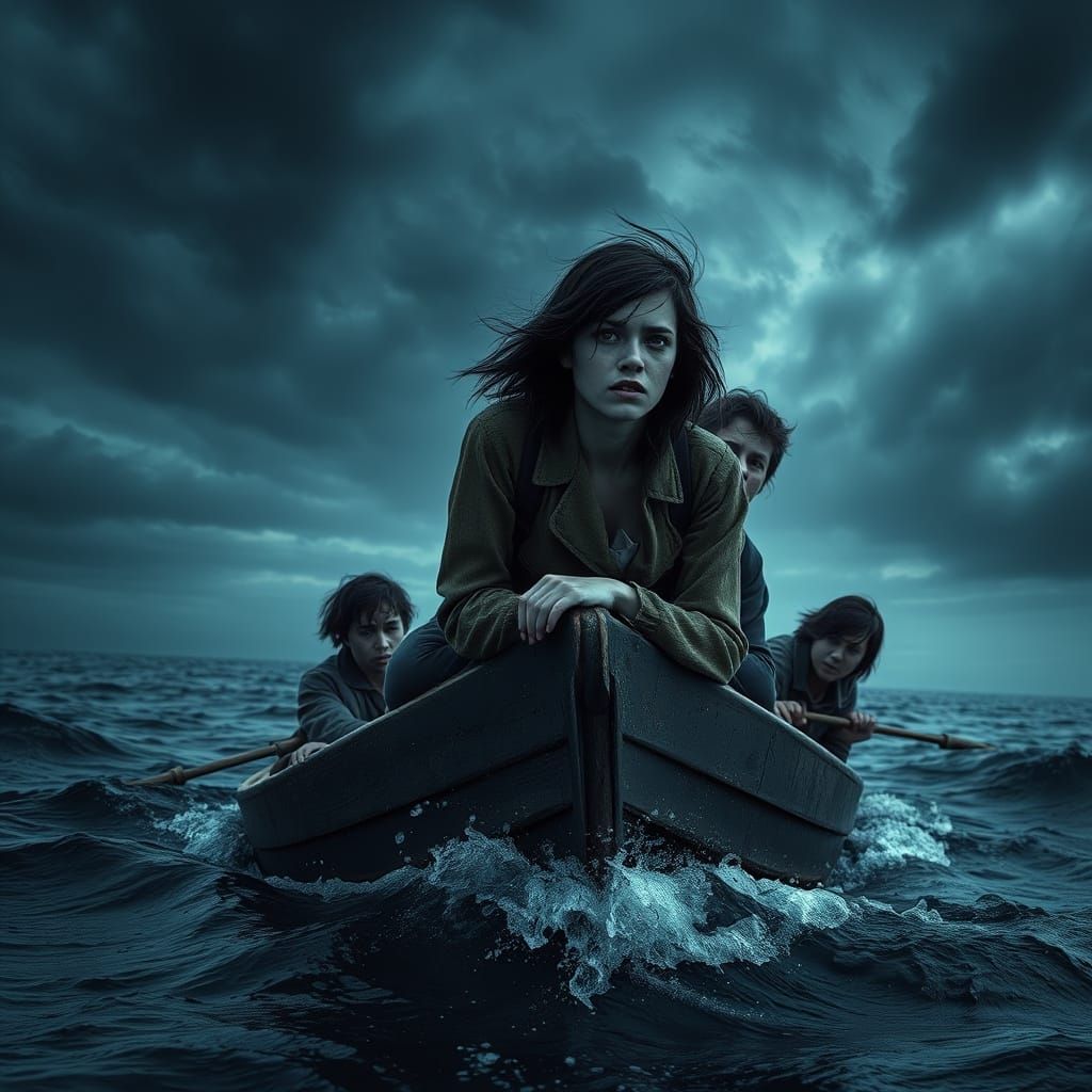 Four Survivors Adrift in a Weathered Boat on a Turbulent Oce...