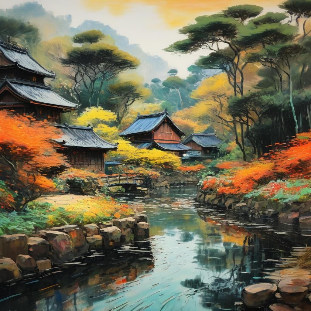 Japanese Landscape in Warm Colors, Impressionist Style