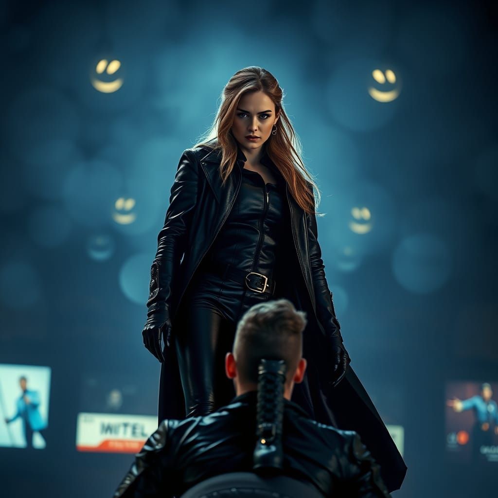 Dominant Female Figure in Dark Leather, Standing Over a Subo...