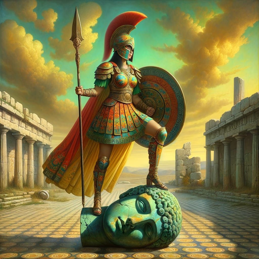 Triumphant Armored Warrior on Stone Head