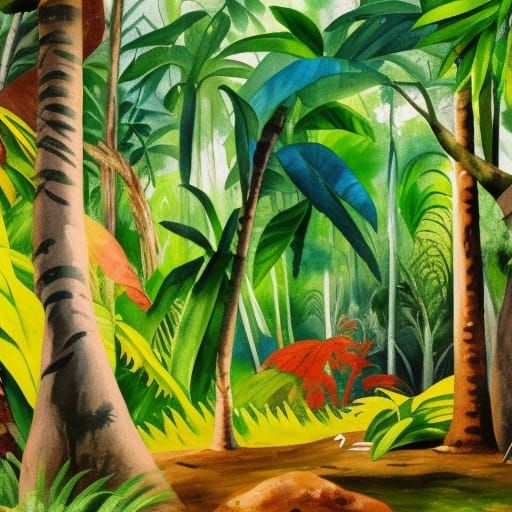 Lush Jungle Scene in Gouache and Watercolor