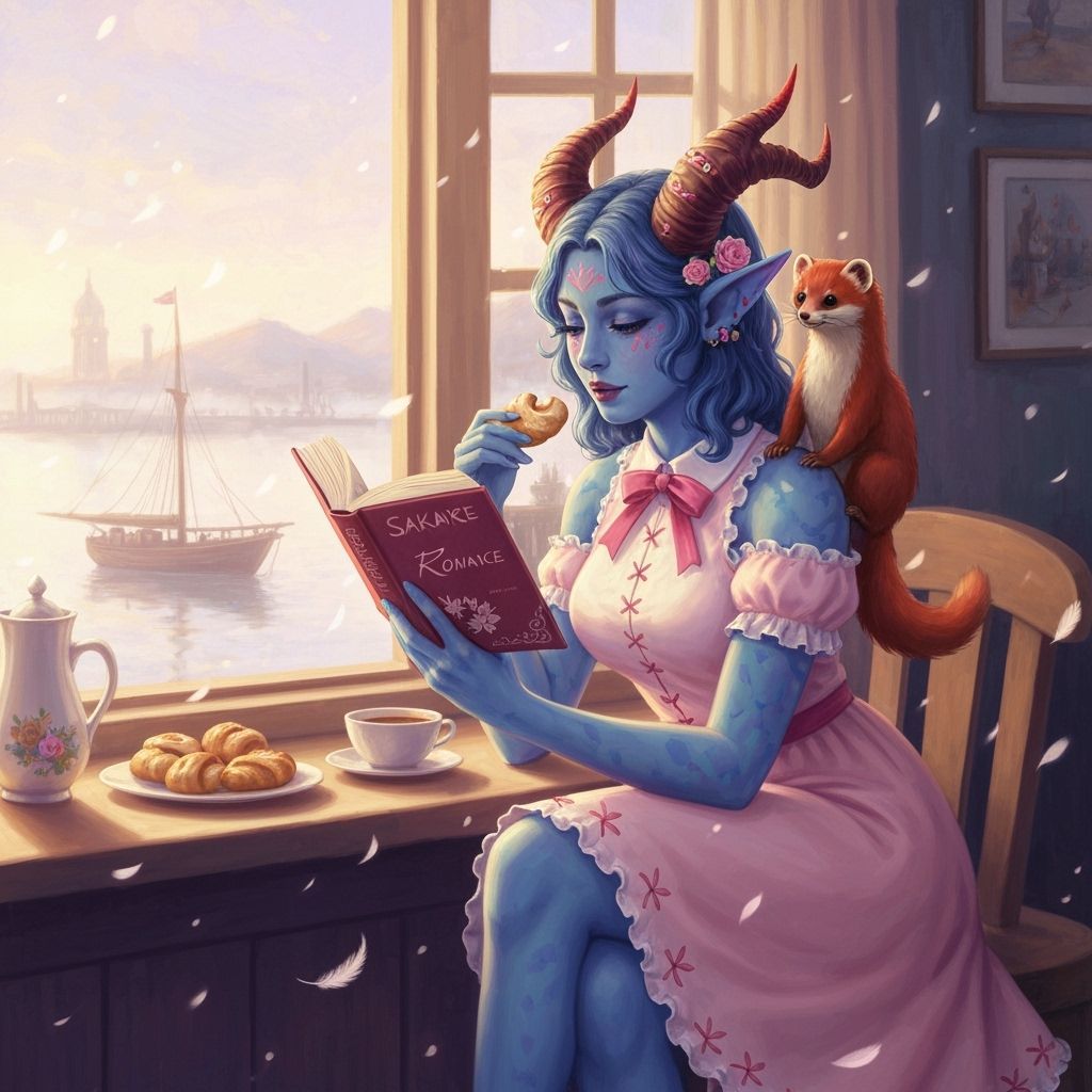 Tiefling Woman Reading by Seaport Window