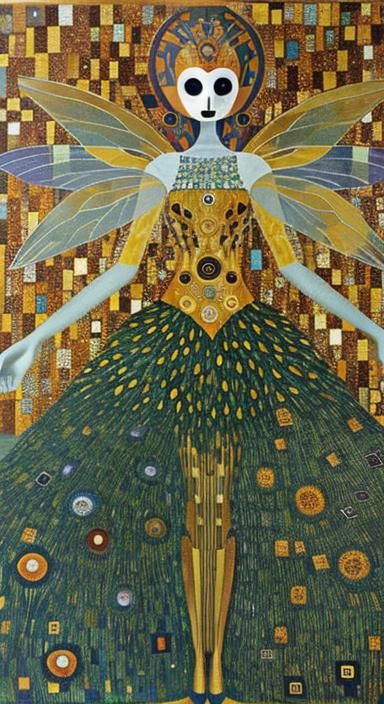 Geometric Marigolds and Robot Fairy in Klimt Style