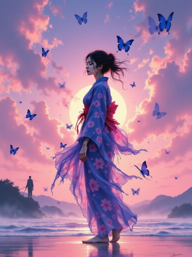 Japanese Woman with Butterflies: Digital Art Portrait