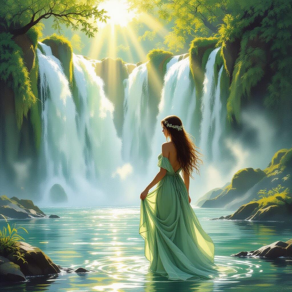 Girl in Sage Green Dress Before Majestic Waterfall