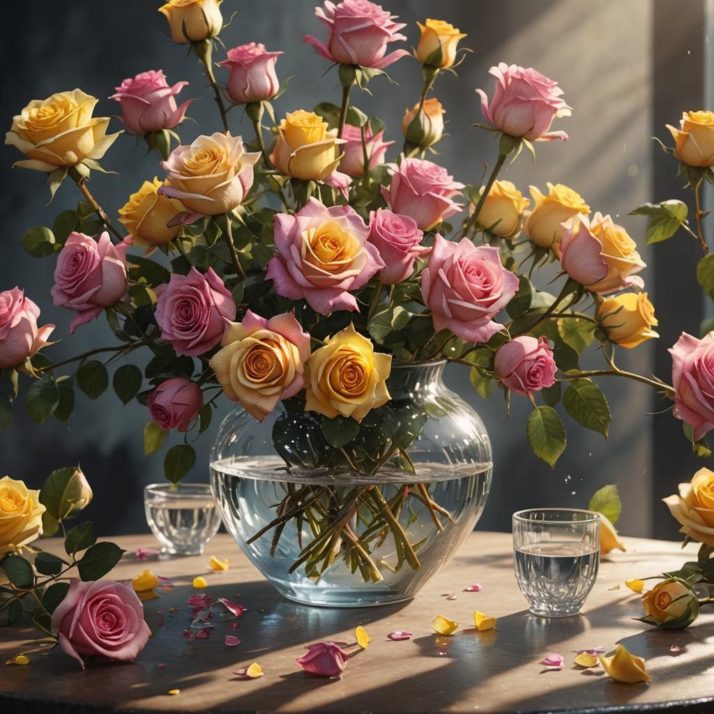 Pink and Yellow Roses: Detailed Matte Painting