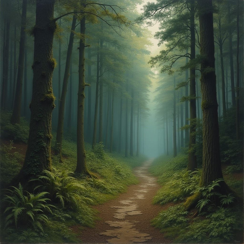 Winding Forest Paths Disappear into Misty Woodscape