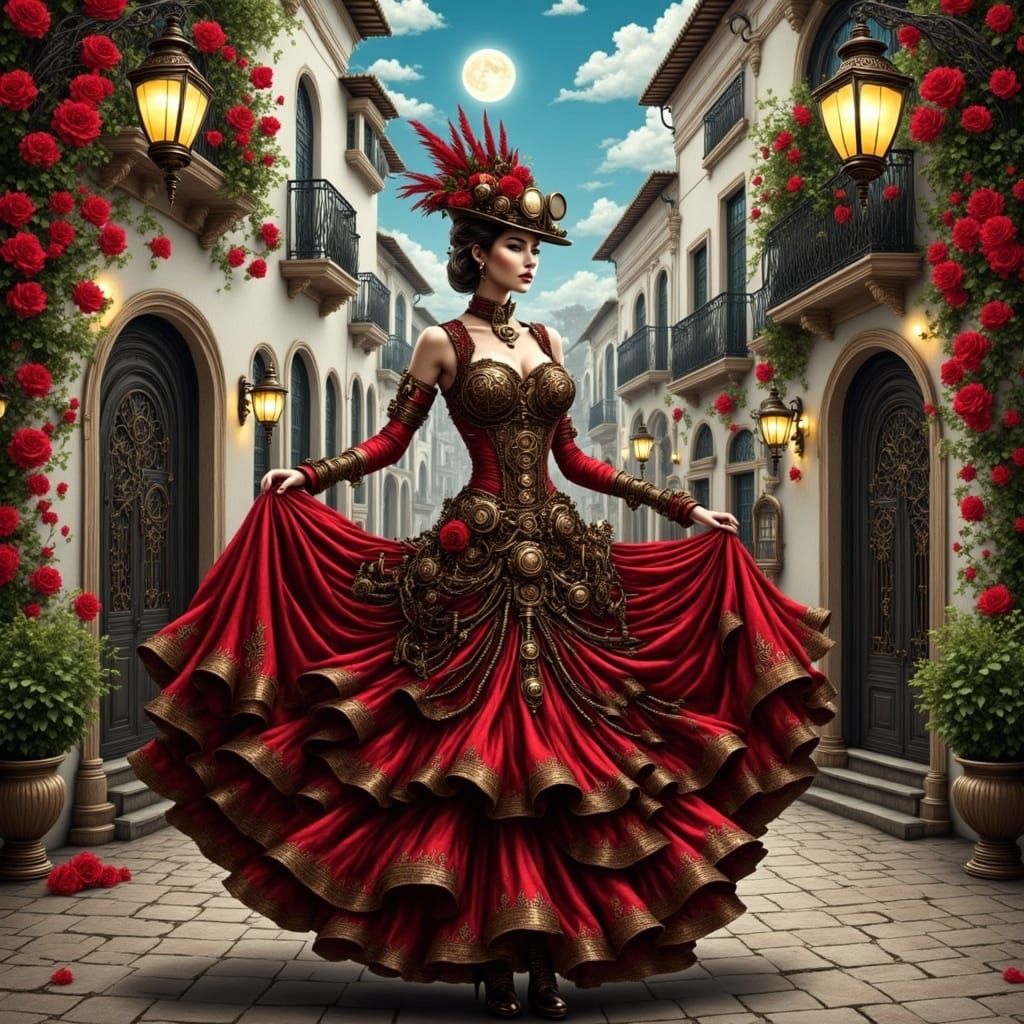 Steampunk Woman in Whimsical Flamenco Dance, Set in a Lumino...