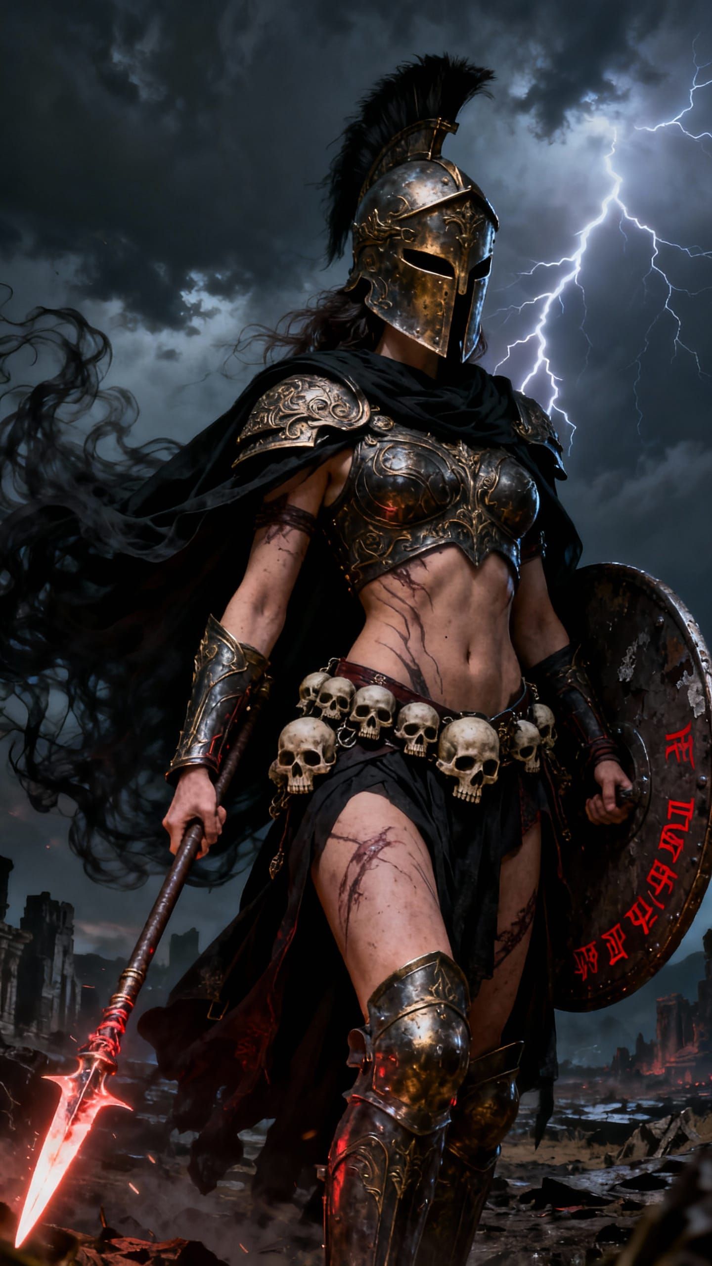 Cinematic Portrait of a Mythic Female Warlord in Spartan Arm...