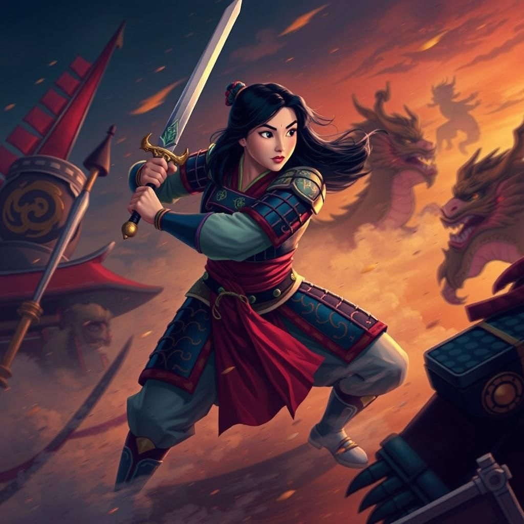 Heroic Mulan in Golden Armor with Dragon Sword