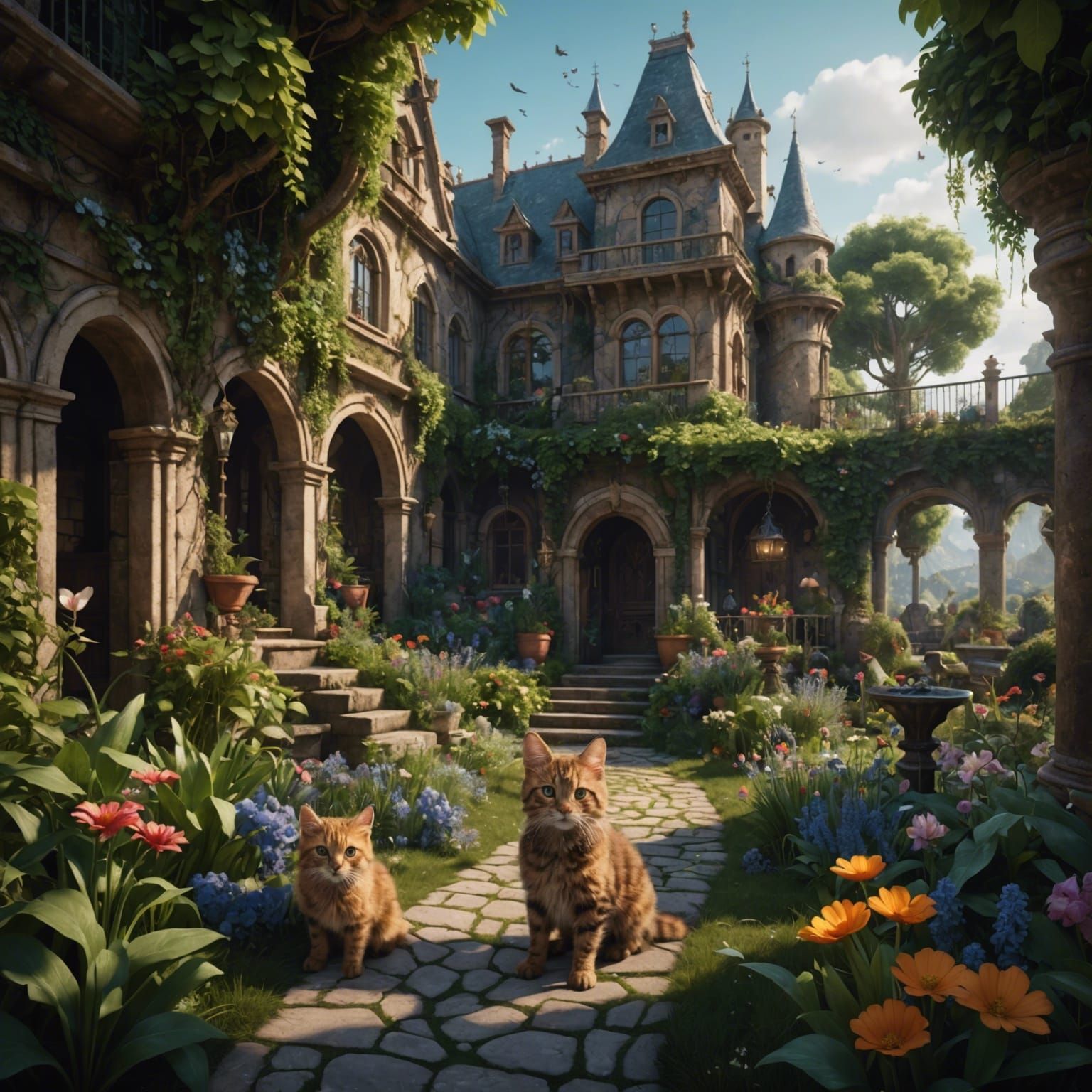 Cat with Kittens in Garden: Matte Painting