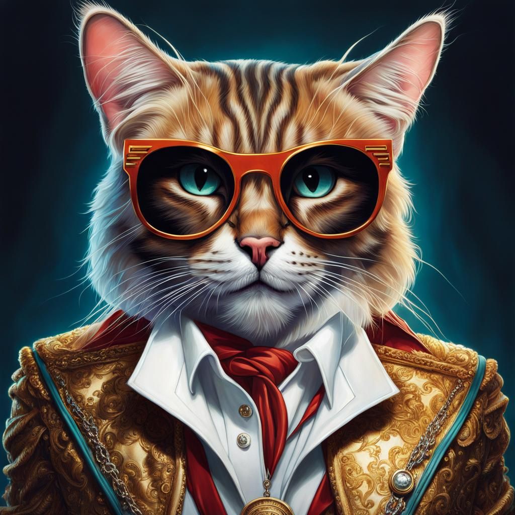 Elvis Cat Portrait in Digital Illustration Style