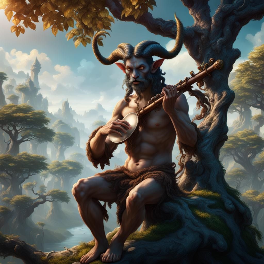 Satyr Playing Flute in Forest, Fantasy Concept Art