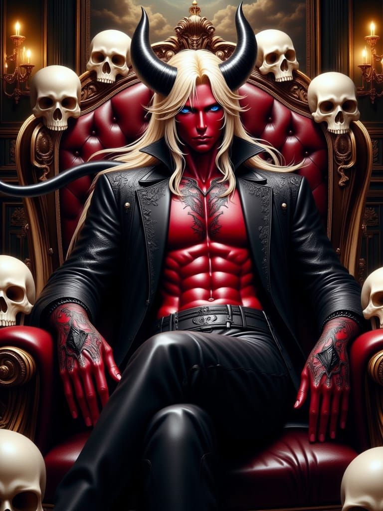 Anime Demon on Skull Throne in Dark Fantasy Style