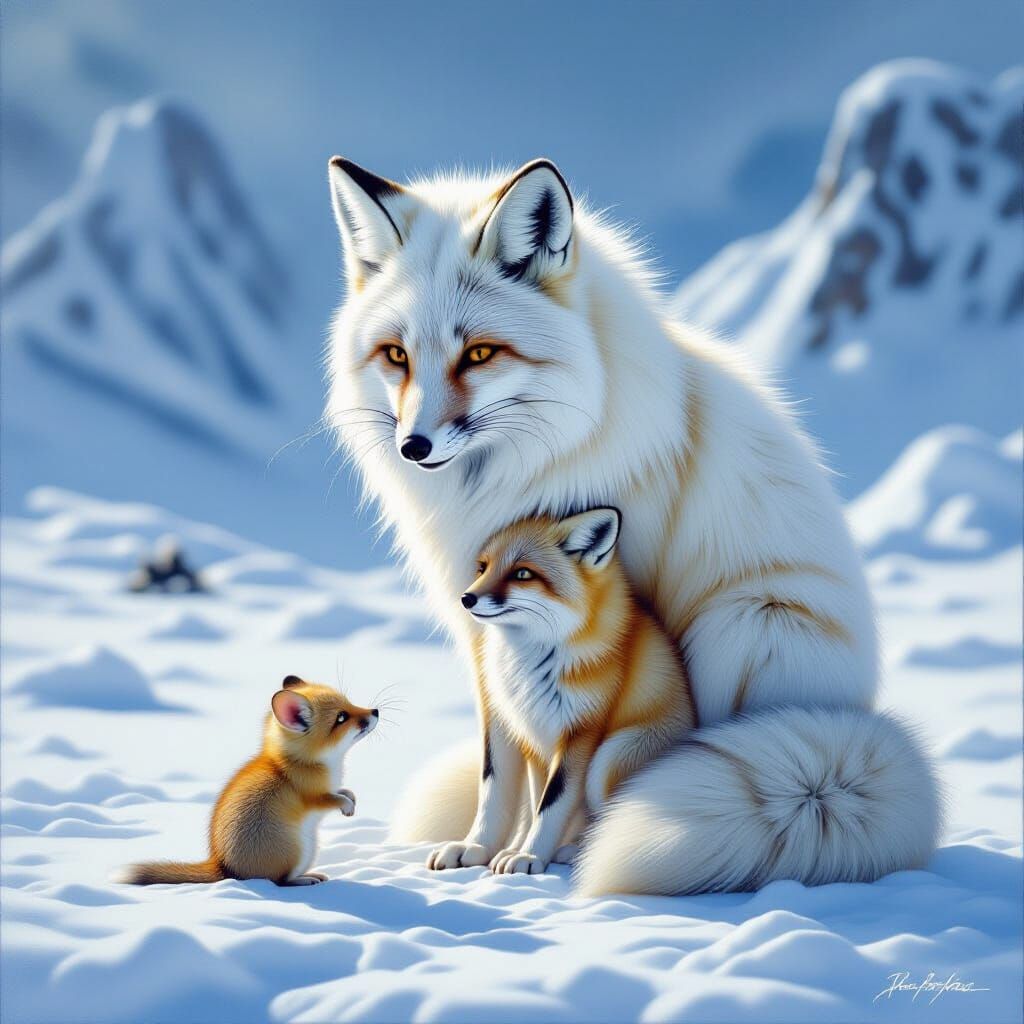 Arctic Fox Hugs Mouse in Serene Winter Landscape