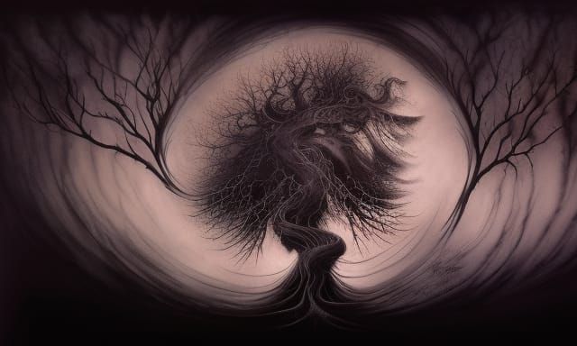 Blackened Tree of Evil: Intricate Gouache Painting