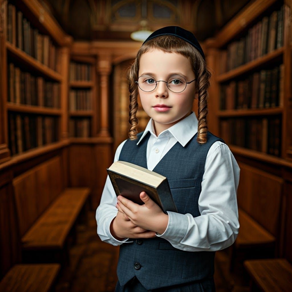 Young Orthodox Jewish Boy in Shabbat Attire, Holding Holy Bo...