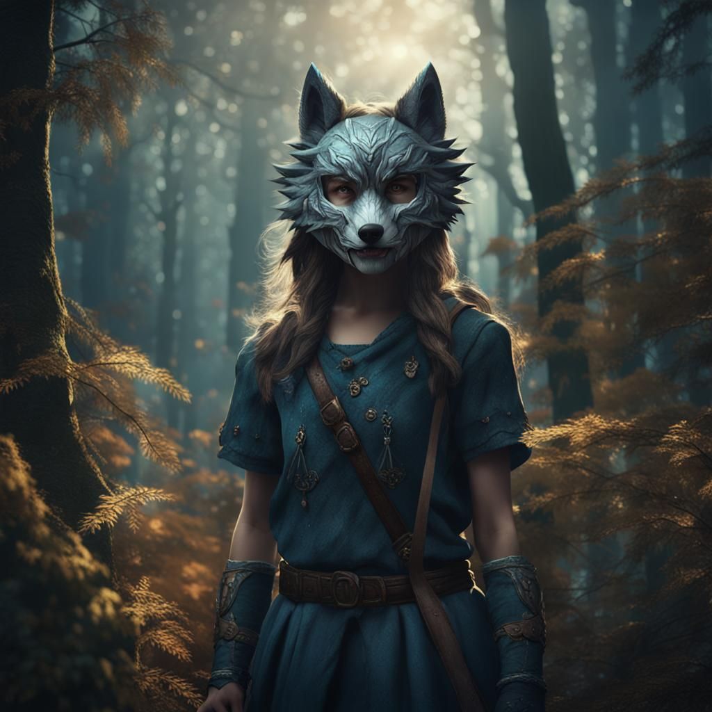 Girl in Wolf Mask in Forest: Fantasy Concept Art