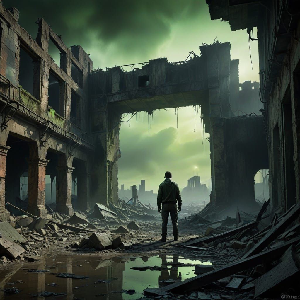 A Desolate Figure Lost in Ruins of Industry