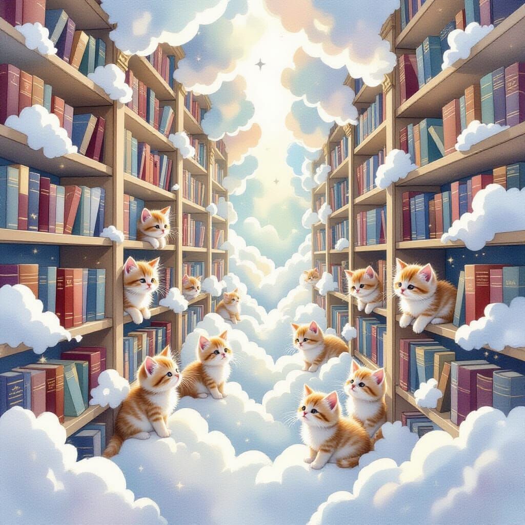 Whimsical Watercolor Library of Cloud Bookshelves and Stardu...
