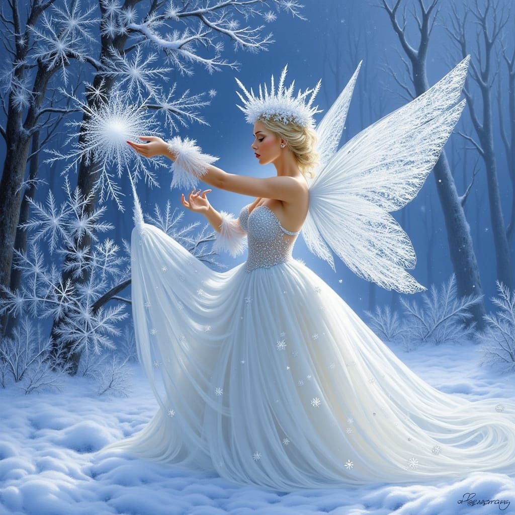 A snow fairy, wings made from snowflakes a crown of icicles ...