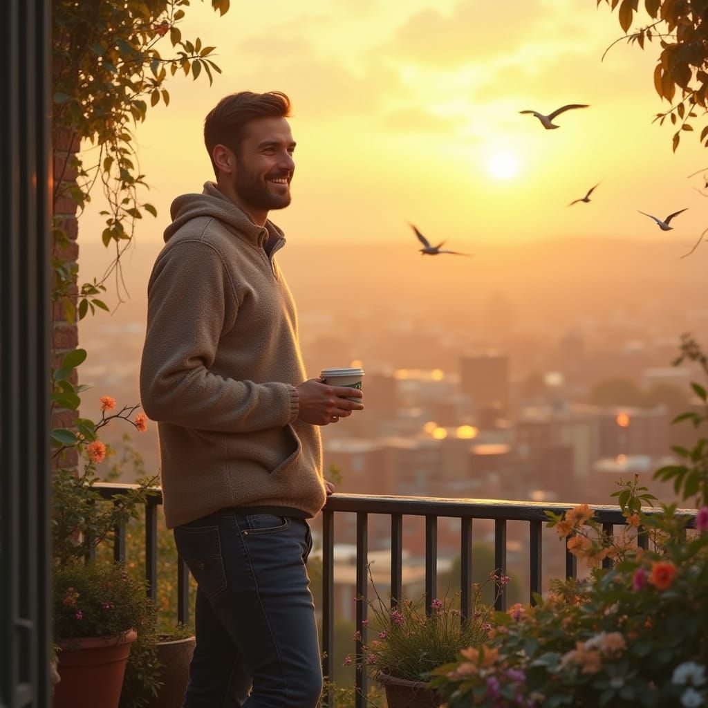 Man Observes Sunrise Over Cityscape, Digital Art
