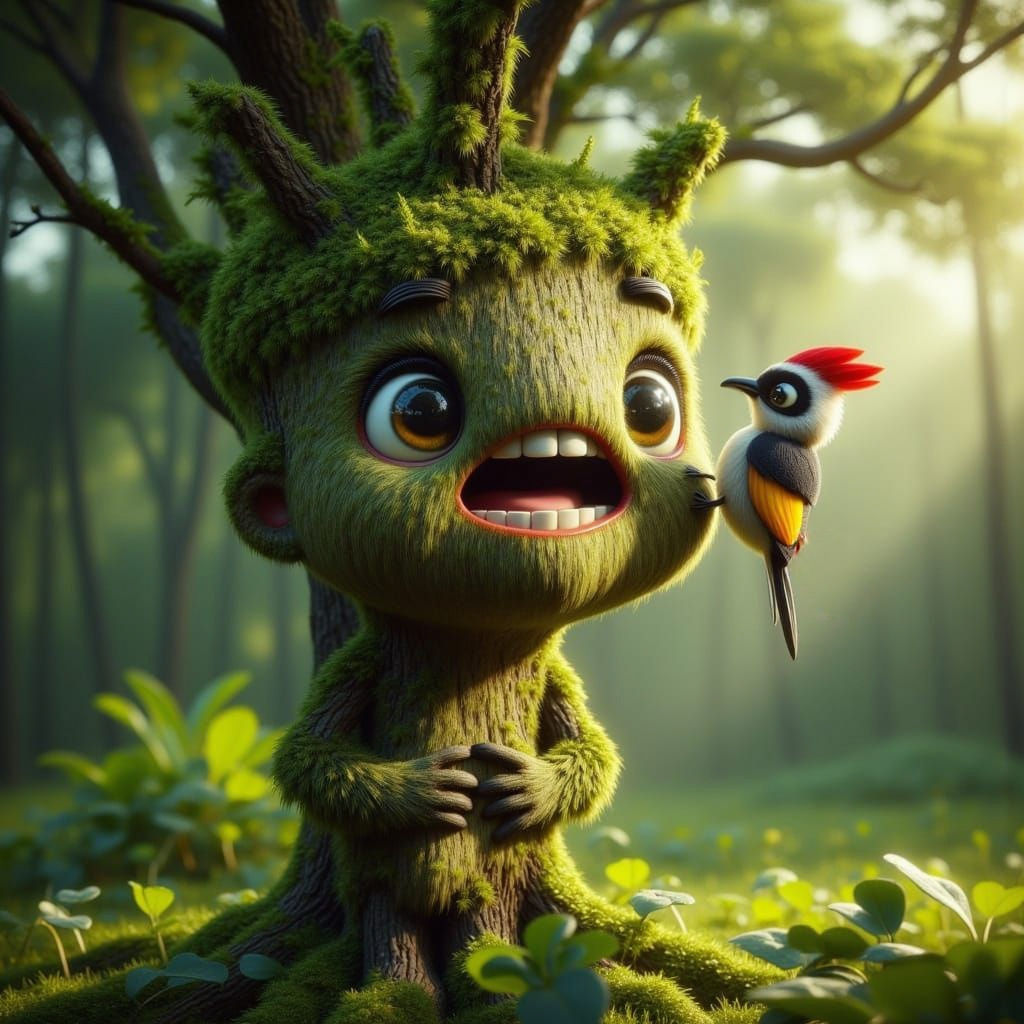 Scared Tree Meets Woodpecker in Pixar Style Art