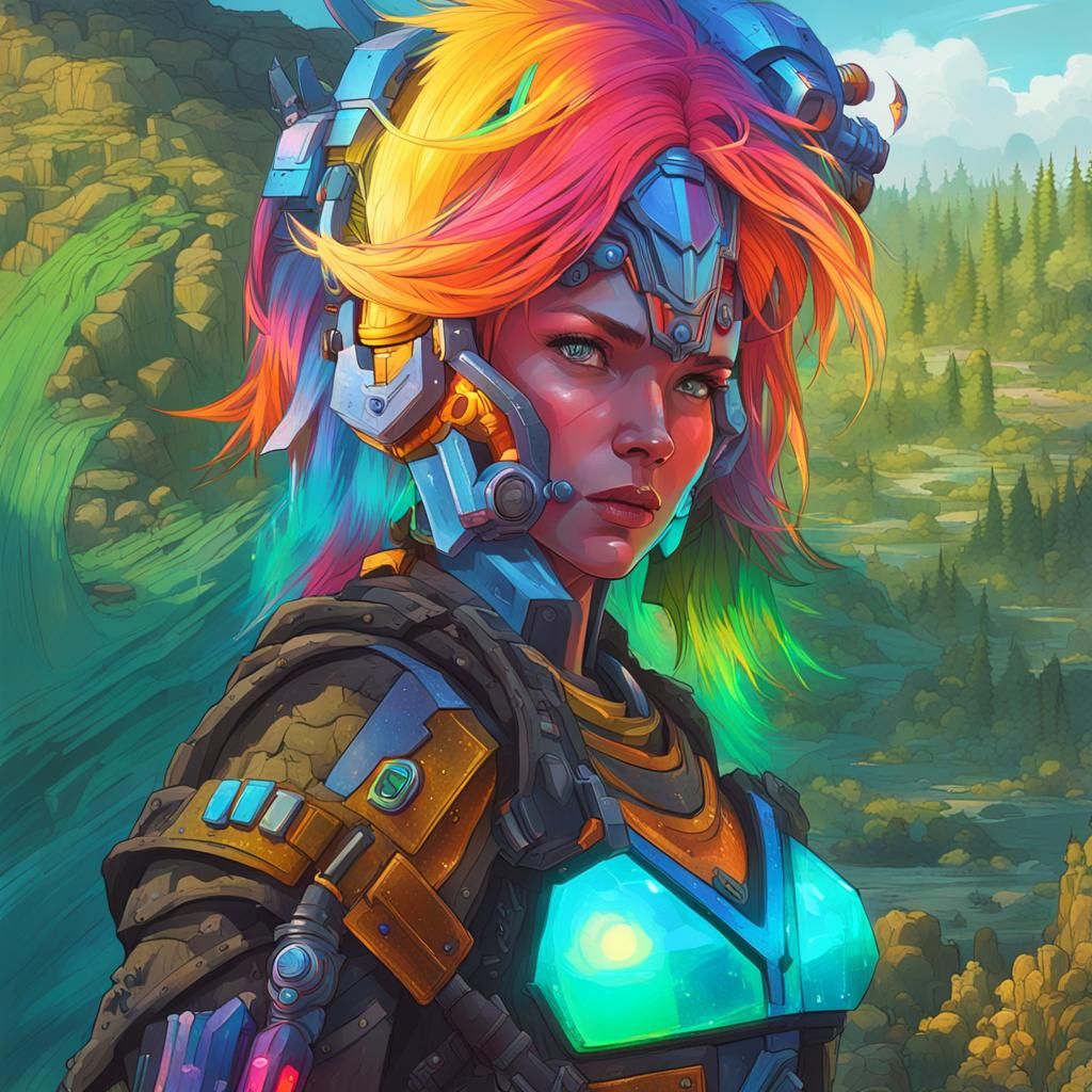 Mercenary Warrior with Iridescent Armor in Fantasy Forest
