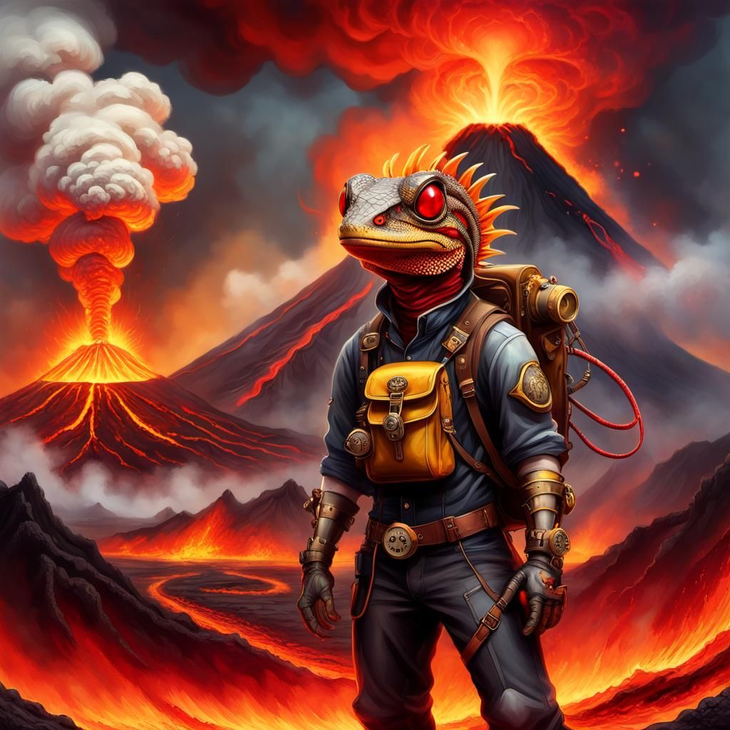Steampunk Lizard Volcanologist Observes Erupting Volcano