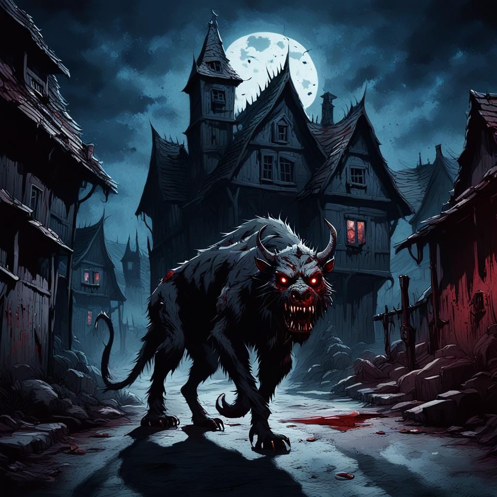 Bloodthirsty Beast Prowls Village Street: Dark Fantasy Art