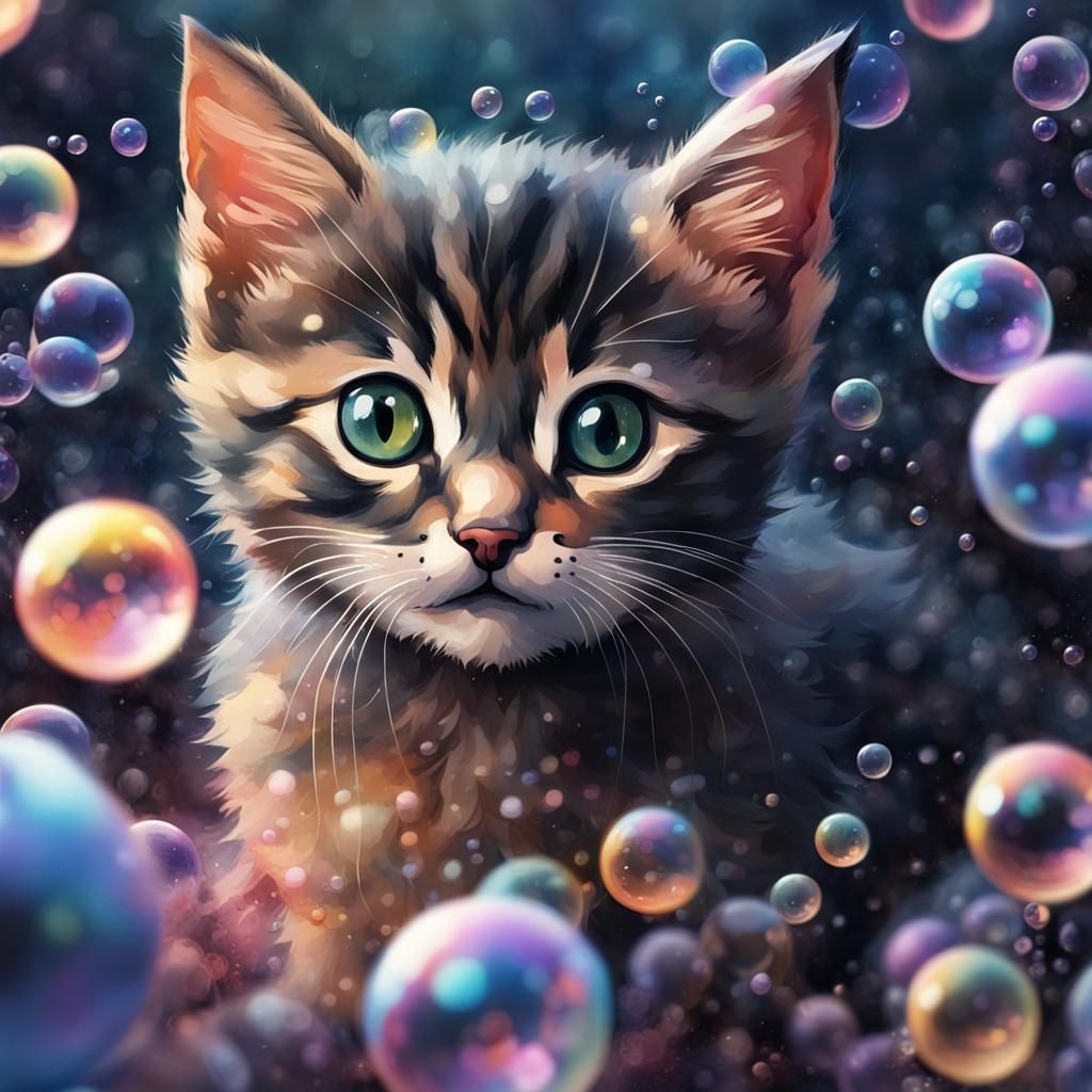 Kitten in Bubble World: Watercolor Fantasy Art