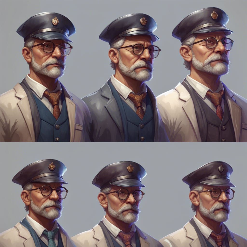 Detailed Portrait of Train Conductor in Art Nouveau Style