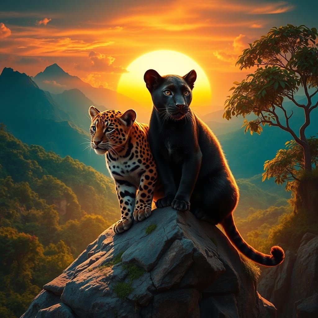 Majestic Baby Big Cats Perch on Sunset Rock Outcropping