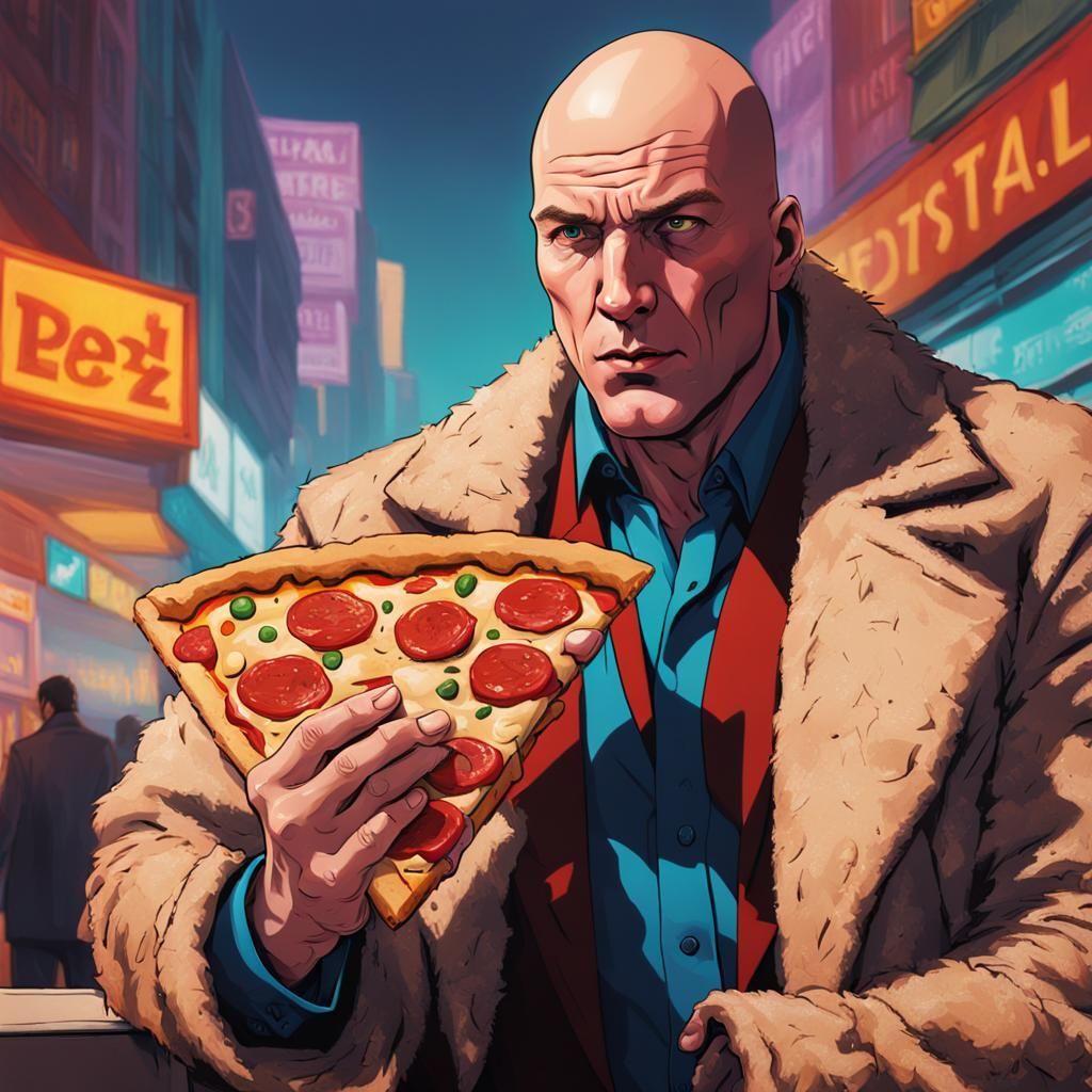 Hyperrealistic Lex Luthor Eating Pizza in Teddy Coat
