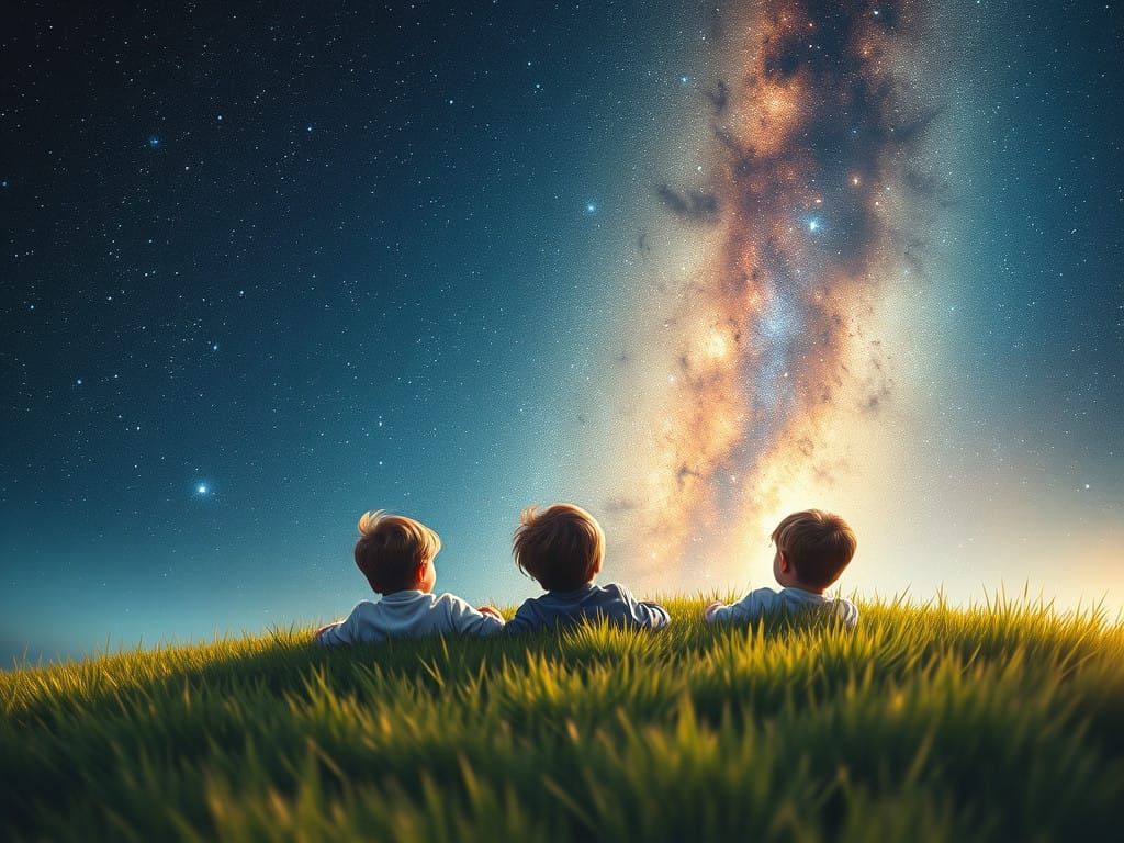 Fantasy Children Soar Through Starry Night Sky