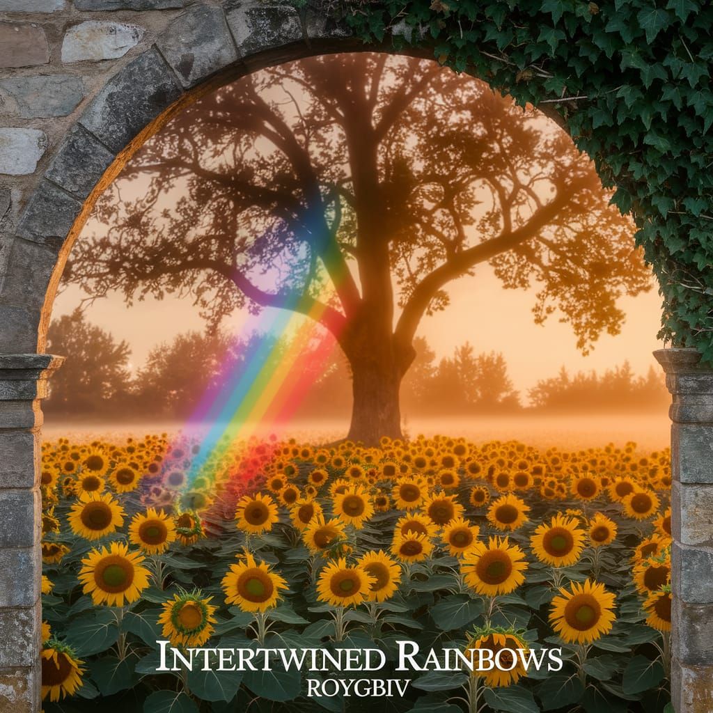 Rainbows Emerge From Sunflower Field Onto Oak Tree