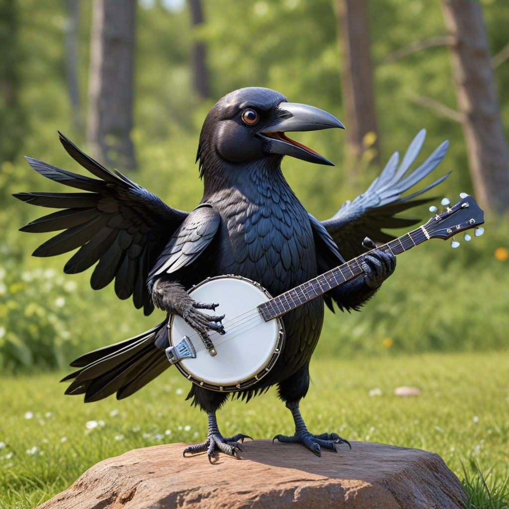 Surreal Cartoon Crow Plays the Banjo