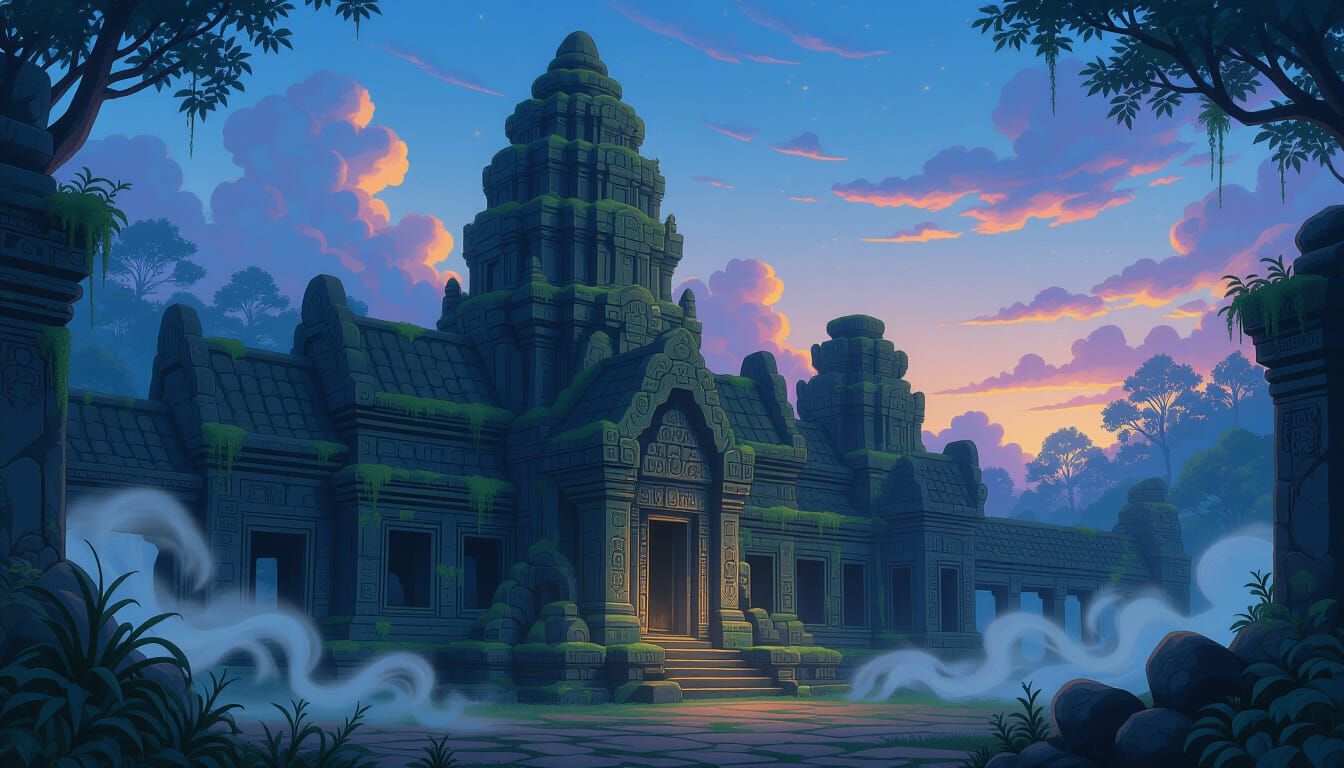 Ancient Temple at Twilight: Luminous Moss and Ethereal Mist
