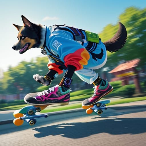 Dogs Skateboarding in City Park