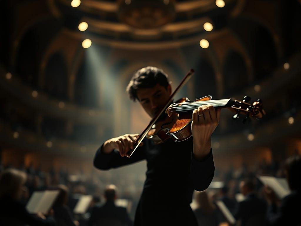 Surreal Double Exposure of Violinist in Concert Hall